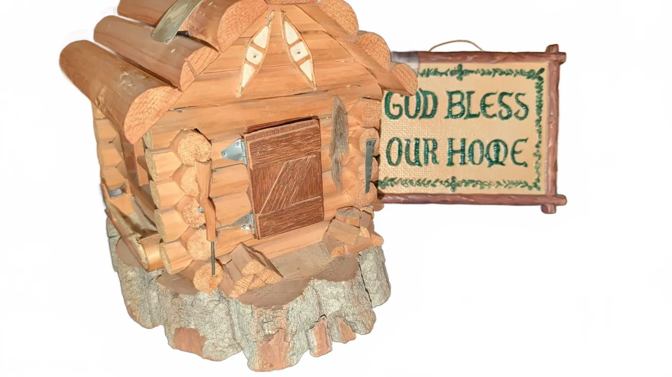 Handcrafted Wooden Log Cabin Miniature With "God Bless Our Home" Sign