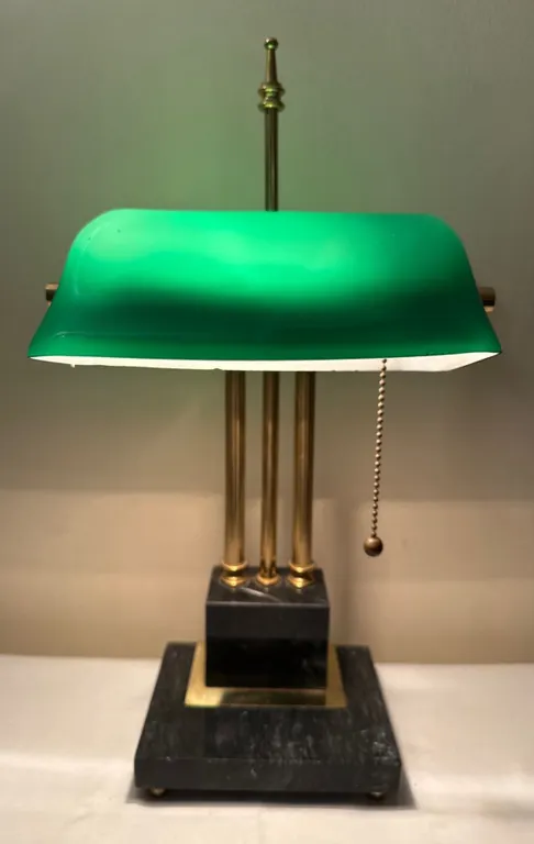 Green Glass Banker's Desk Lamp with Brass and Marble Base
