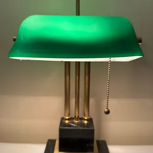 Green Glass Banker's Desk Lamp with Brass and Marble Base