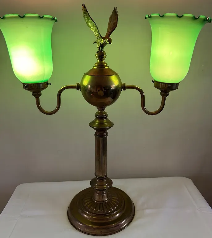 Brass Dual-Bulb Emerald Green Bankers Lamp with Eagle Finial