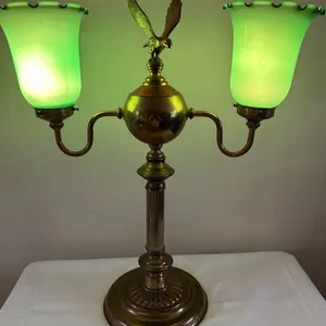 Brass Dual-Bulb Emerald Green Bankers Lamp with Eagle Finial