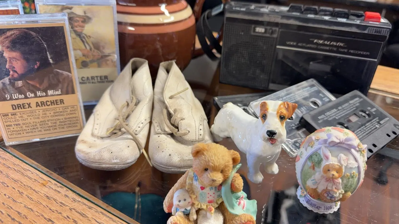 Lot: Cassette Player, Tapes, Ceramics, Baby Shoes
