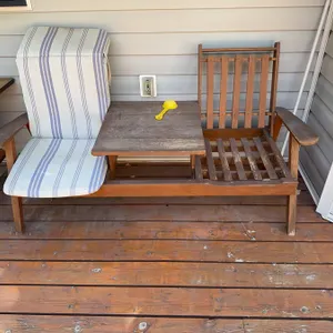 Wooden Patio Glider Bench with Built-in Table and Cushion