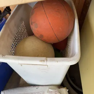 Sports Balls in White Plastic Basket