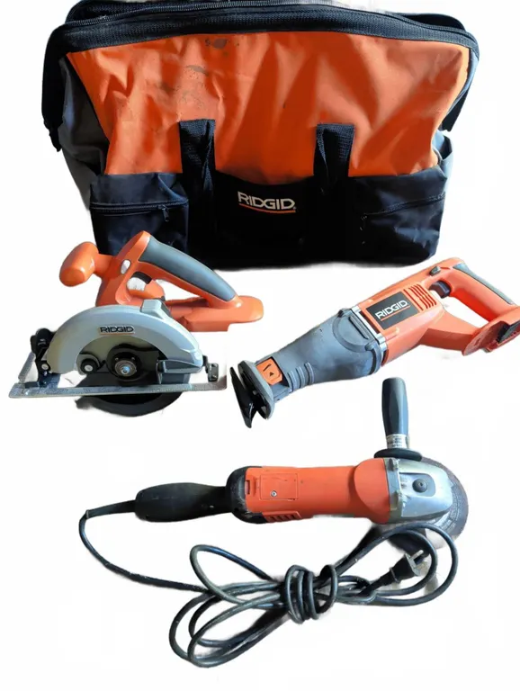 Ridgid Power Tool Lot With Bag: Saw, Reciprocating Saw, Grinder