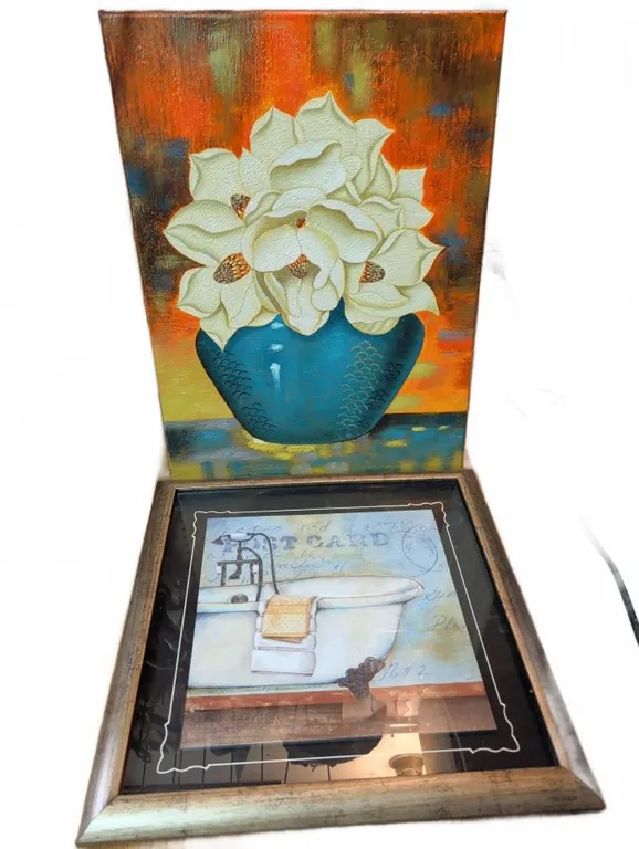 Framed Bathtub Wall Art Print and Floral Still Life Canvas Painting