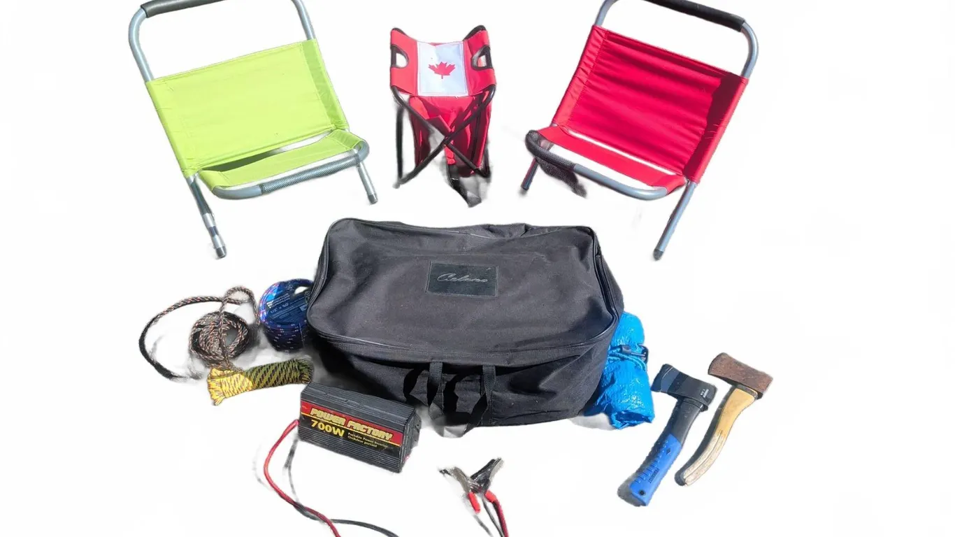 Camping Accessory Lot with Chairs, Axes, Power Inverter and Ropes