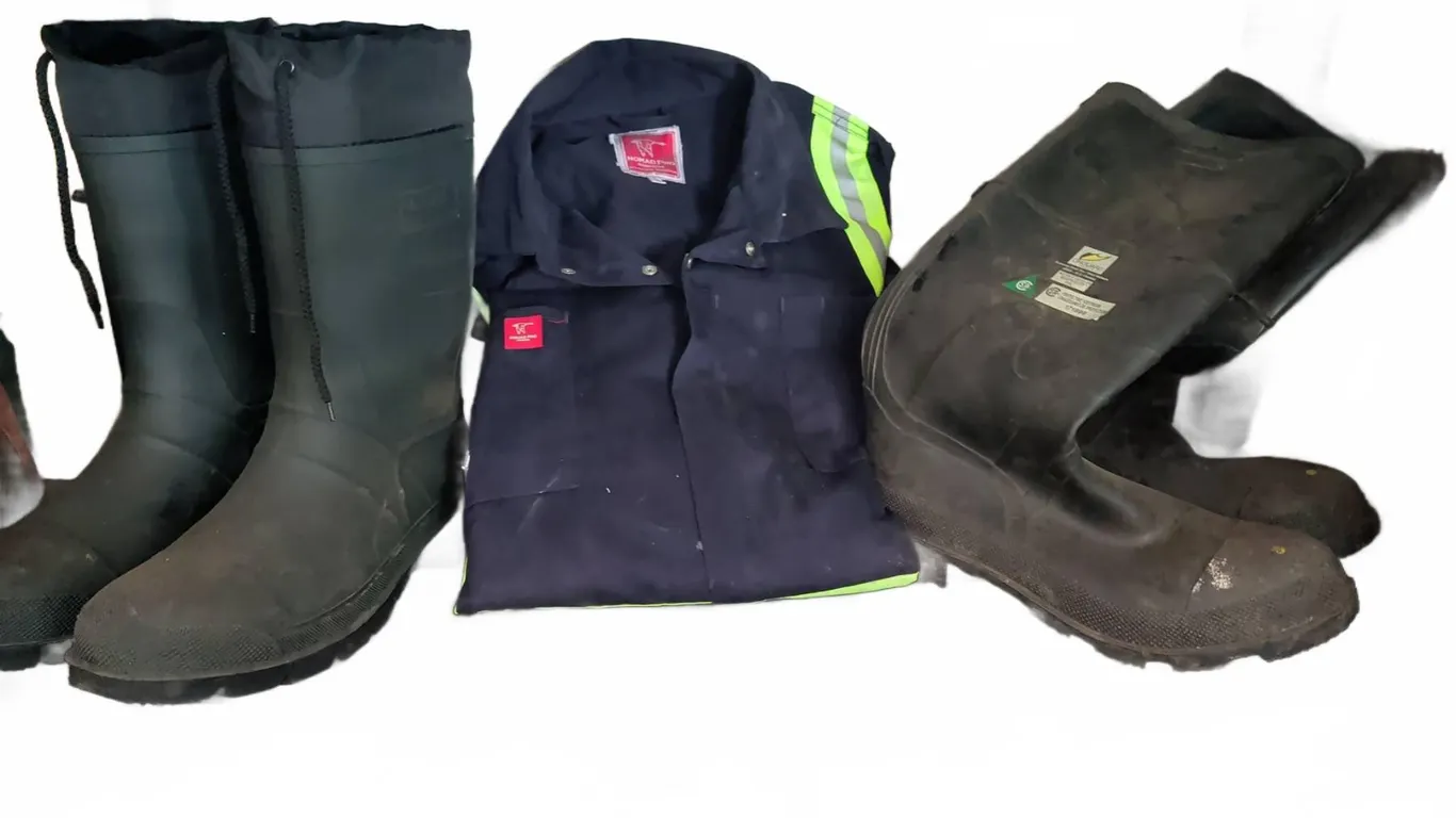 Workwear: Onguard Protective Steel Toe Boots, Unmarked Rubber Boots, and Nomad Pro Hi-Vis Coveralls