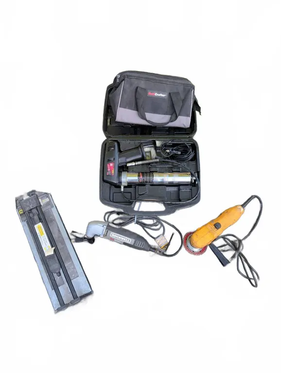 Rockwell, DeWalt, and Tool Lot Including Grease Gun and Tile Cutter