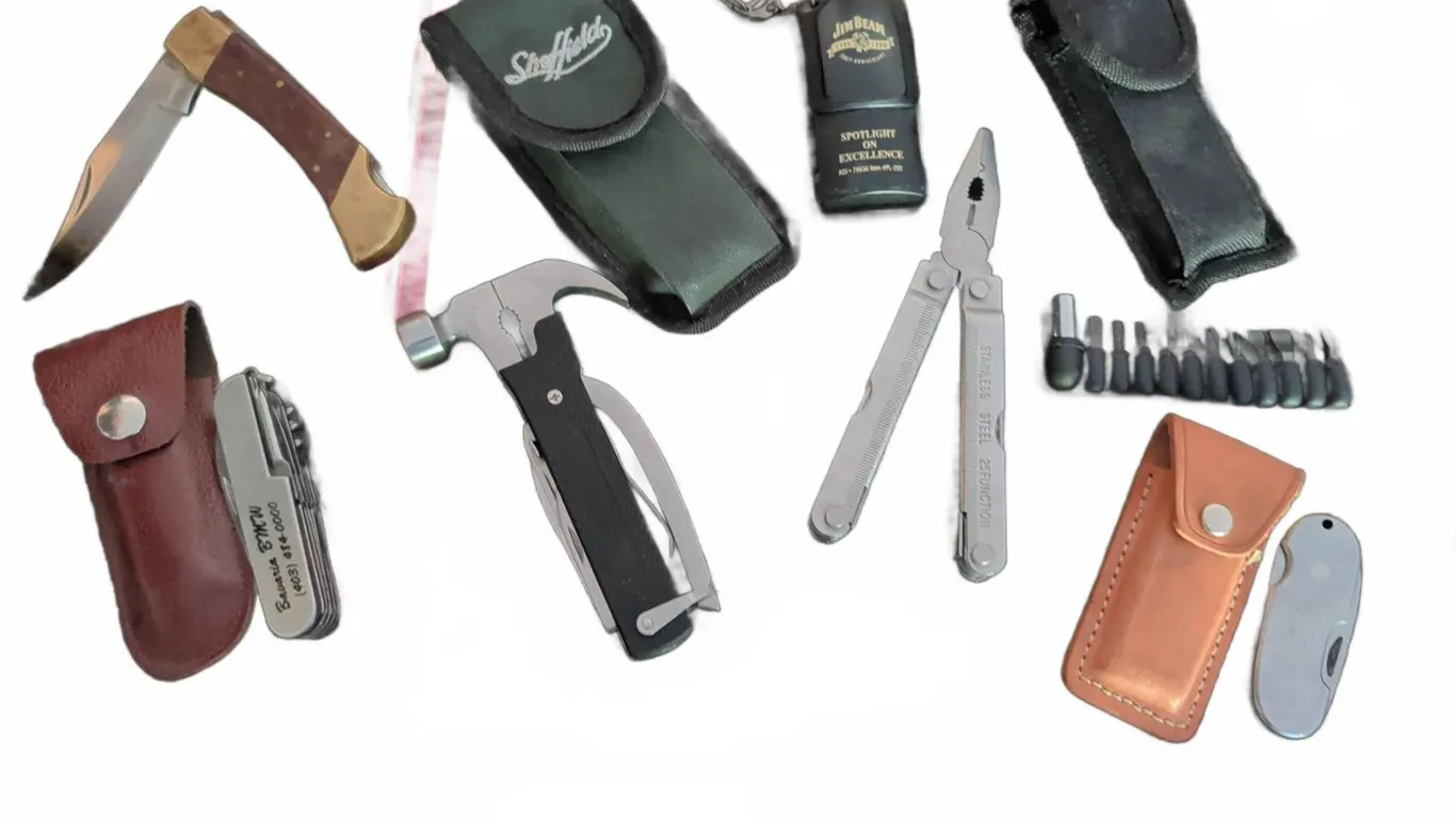 Multi-Tool Lot with Folding Knife, StepMate Pouch, Jim Beam Lighter, and Accessories