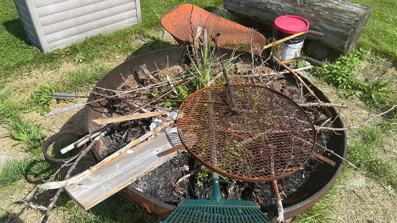 Outdoor Cast Iron Fire Pit Bowl with Grill, Storage Box, Log, Tools and Accessories