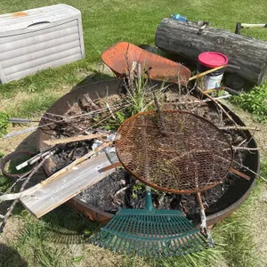 Outdoor Cast Iron Fire Pit Bowl with Grill, Storage Box, Log, Tools and Accessories