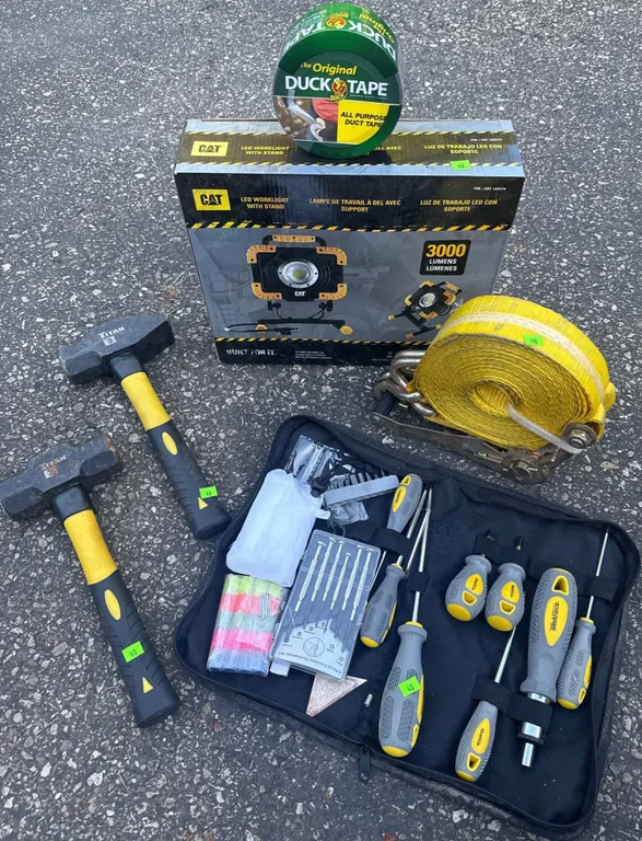 Hand Tool Lot with CAT LED Worklight, Duck Tape, Hammers, and Tool Kit