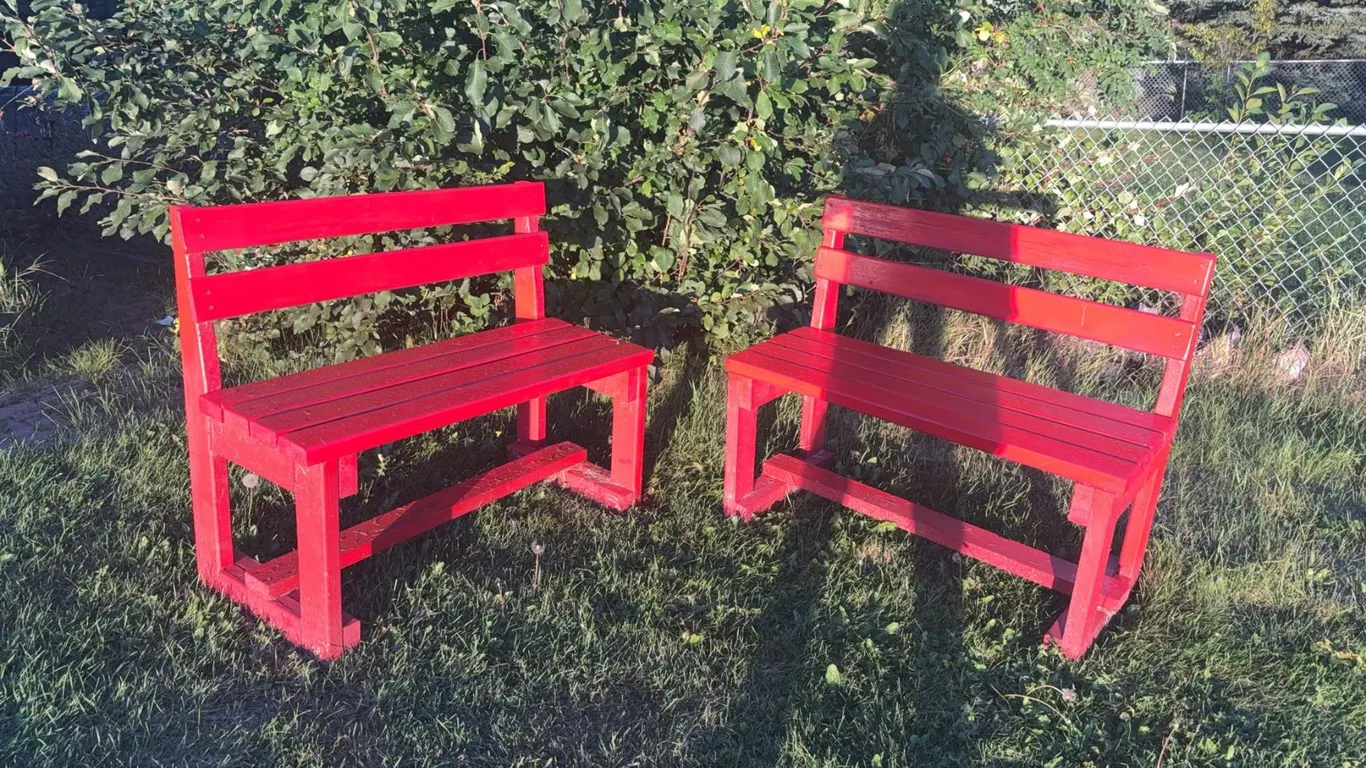Red Painted Wooden Outdoor Benches
