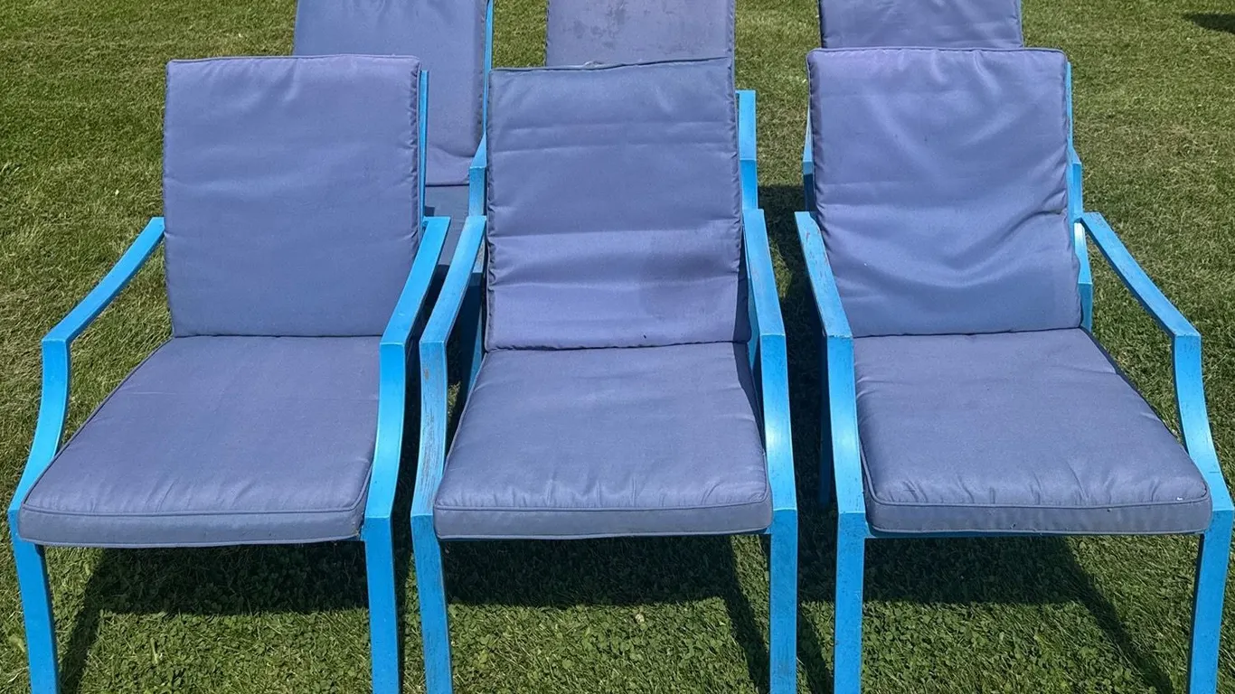 Six Blue Metal Patio Chairs with Cushions