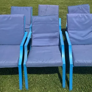 Six Blue Metal Patio Chairs with Cushions