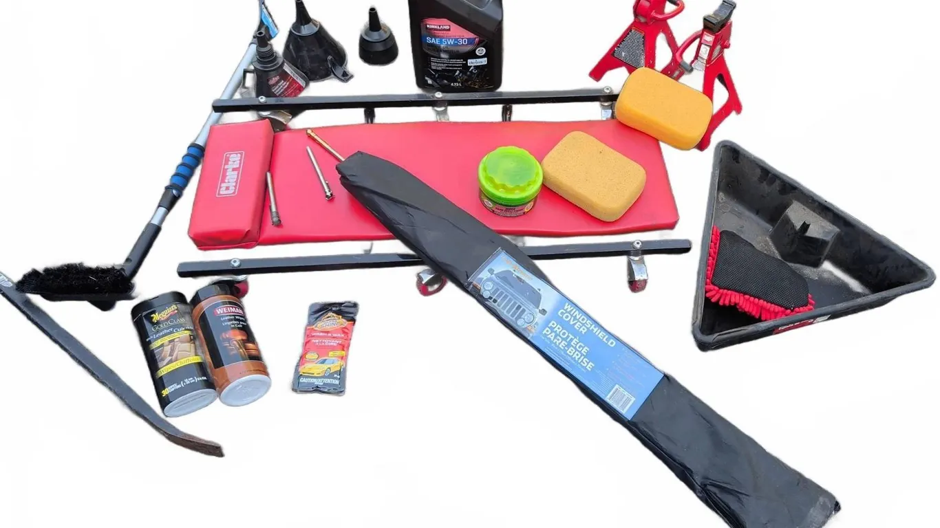 Automotive Tool and Accessory Lot with Creeper and Jack Stands