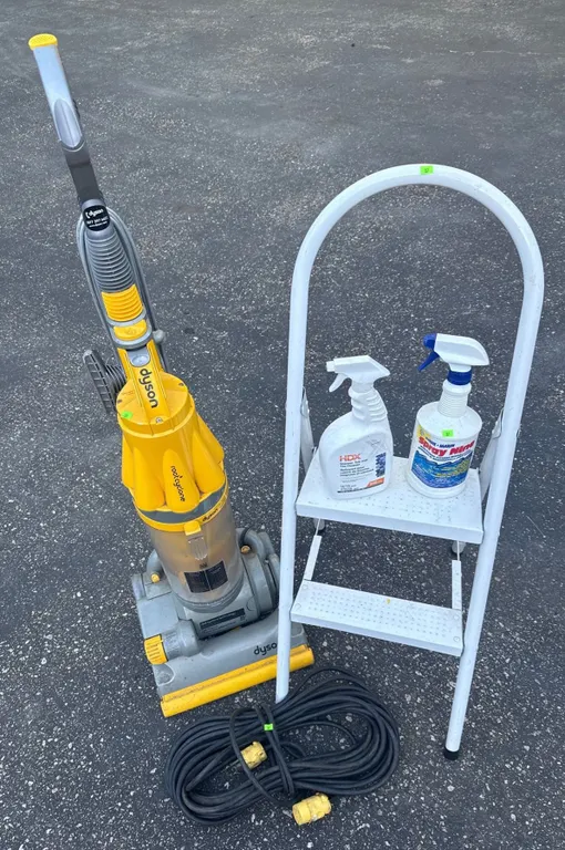 Dyson DC07 Upright Vacuum, White Step Ladder, Extension Cord, and Cleaners