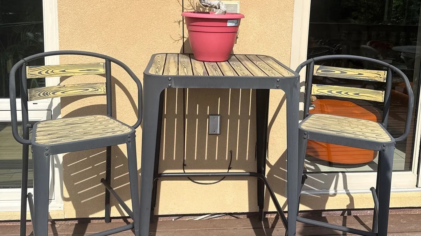 Metal and Wood Outdoor Bar Table with Two Matching Stools