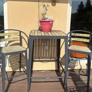 Metal and Wood Outdoor Bar Table with Two Matching Stools