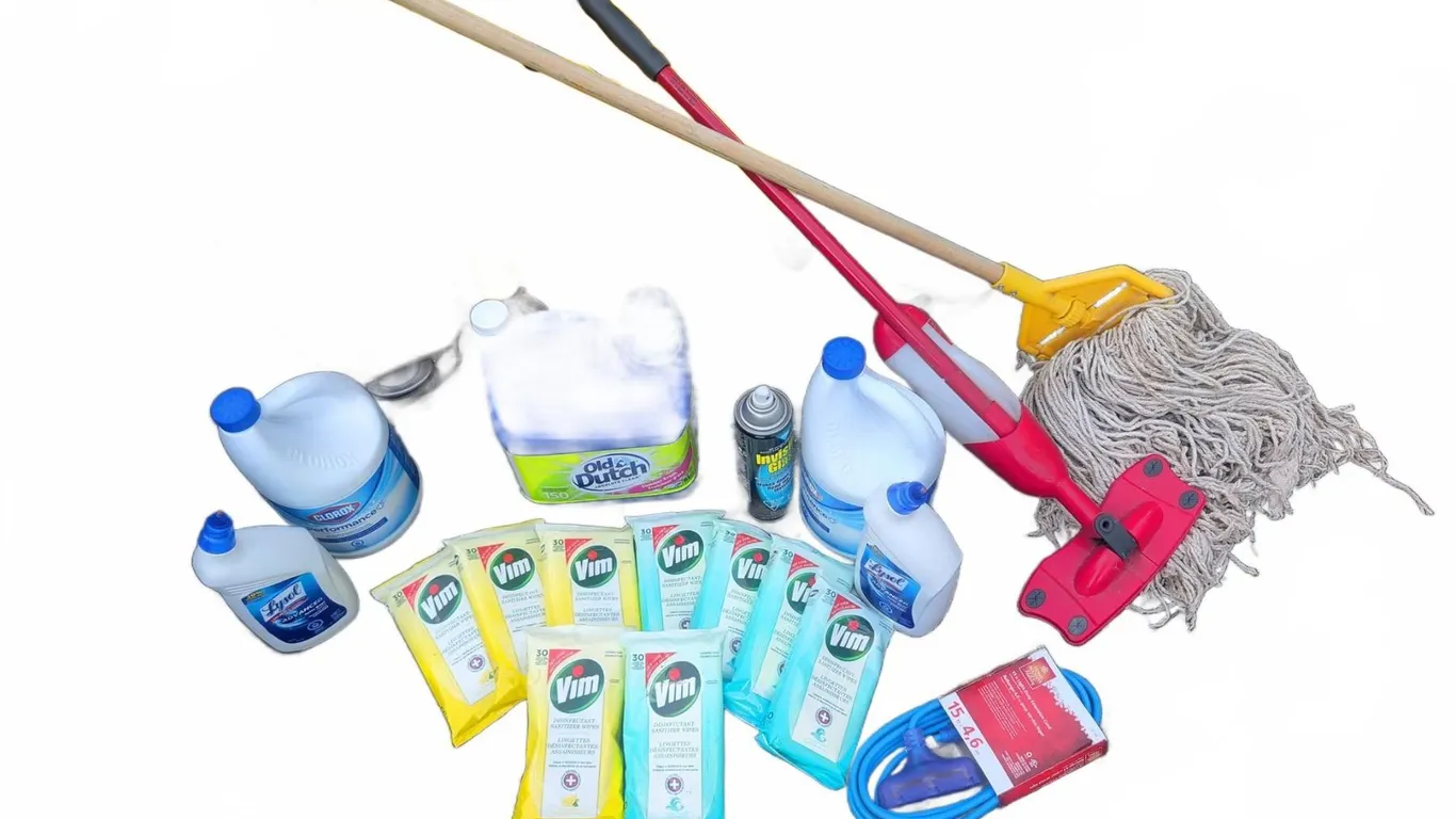 Commercial Cleaning Supplies Lot With Mop, Mop Bucket, And Accessories