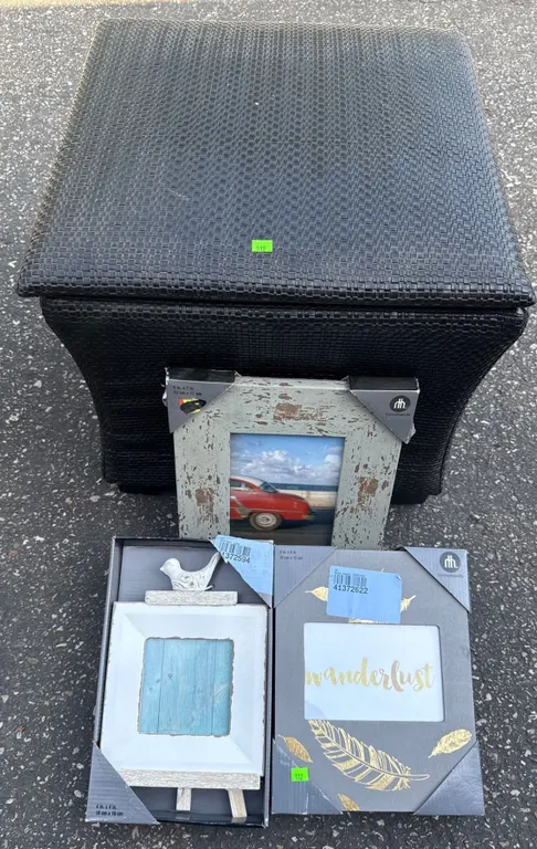 Wicker Storage Ottoman with Three Decorative Picture Frames