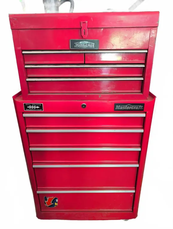 Mastercraft Tool Chest With Jobmate Top Box, Red, Multiple Drawers, Various Tools