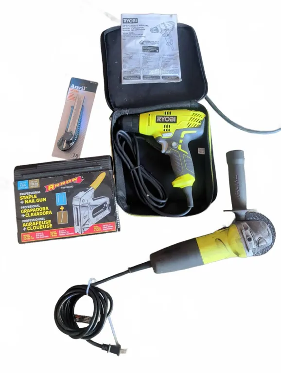 Ryobi Electric Drill, Ryobi AG4031G Angle Grinder, Arrow Staple Gun, Utility Knife