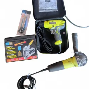 Ryobi Electric Drill, Ryobi AG4031G Angle Grinder, Arrow Staple Gun, Utility Knife