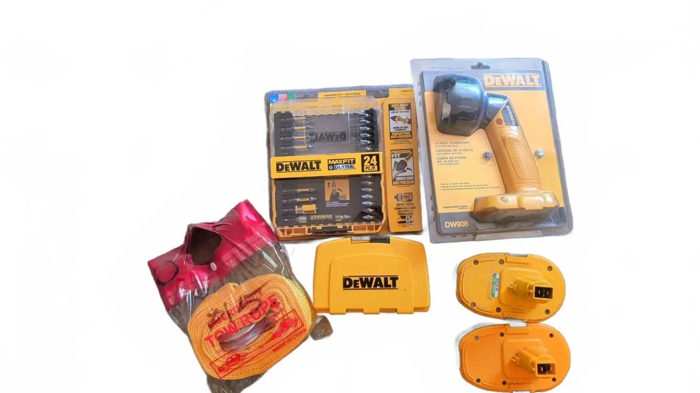 NEW DEWALT 18V Flashlight with Batteries, Bit Set and Tow Rope