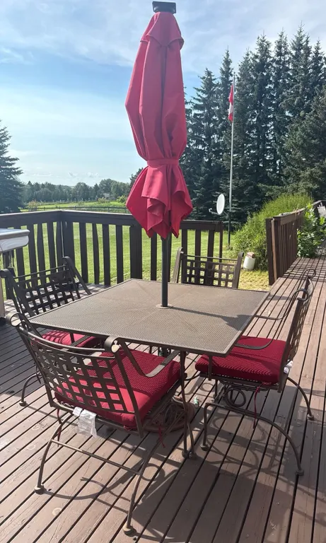 Metal Patio Table with Four Chairs and Red Cushions, Square Umbrella