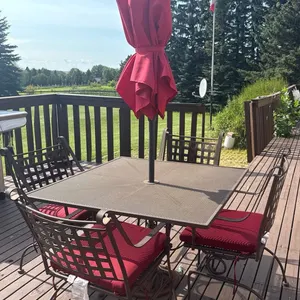 Metal Patio Table with Four Chairs and Red Cushions, Square Umbrella