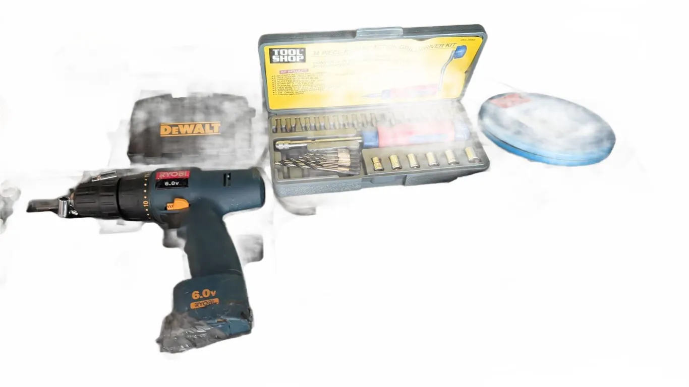Ryobi 6.0V Cordless Drill, Dewalt Bit Set, and Mixed Hand Tools