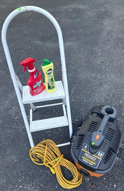 Rigid 5.0 HP Wet/Dry Vacuum, Step Ladder, Extension Cord, and Cleaning Supplies