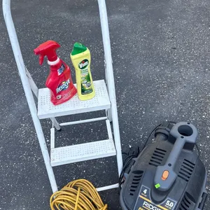 Rigid 5.0 HP Wet/Dry Vacuum, Step Ladder, Extension Cord, and Cleaning Supplies