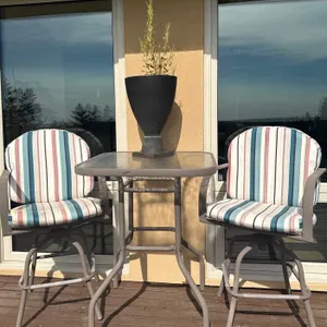 Outdoor Patio Bar Table with Two Swivel Chairs