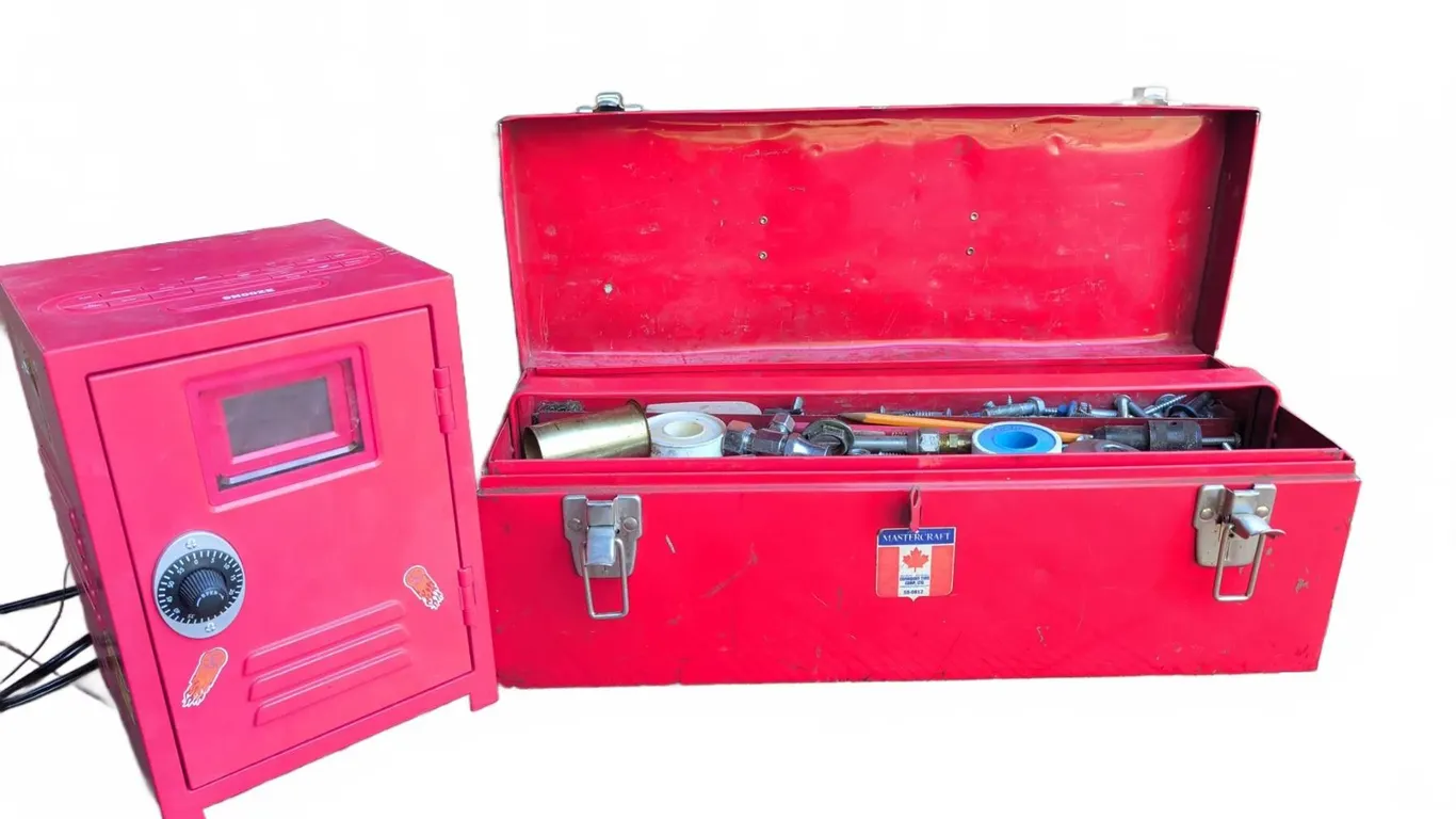 Red Metal Toolbox With Contents and Red Mini Safe