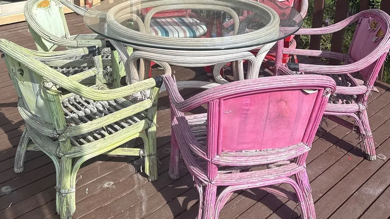 Painted Wicker Patio Dining Set with Glass-Top Table and Six Chairs