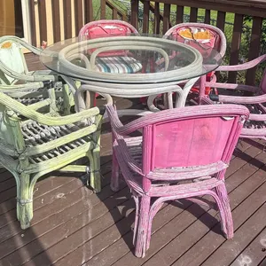 Painted Wicker Patio Dining Set with Glass-Top Table and Six Chairs