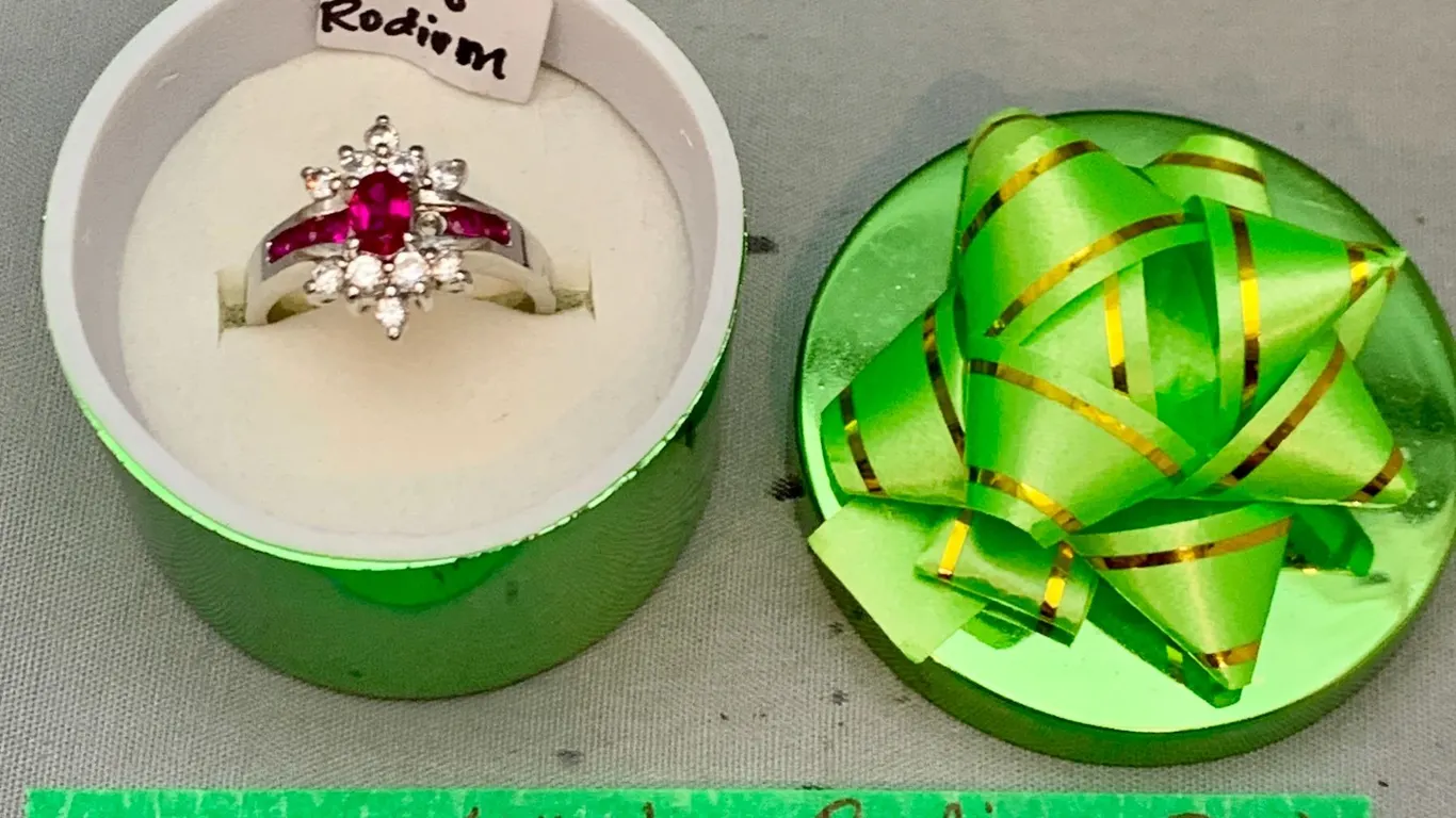 Rhodium Plated Ring w/ Ruby & White Stones in Box – Size 8
