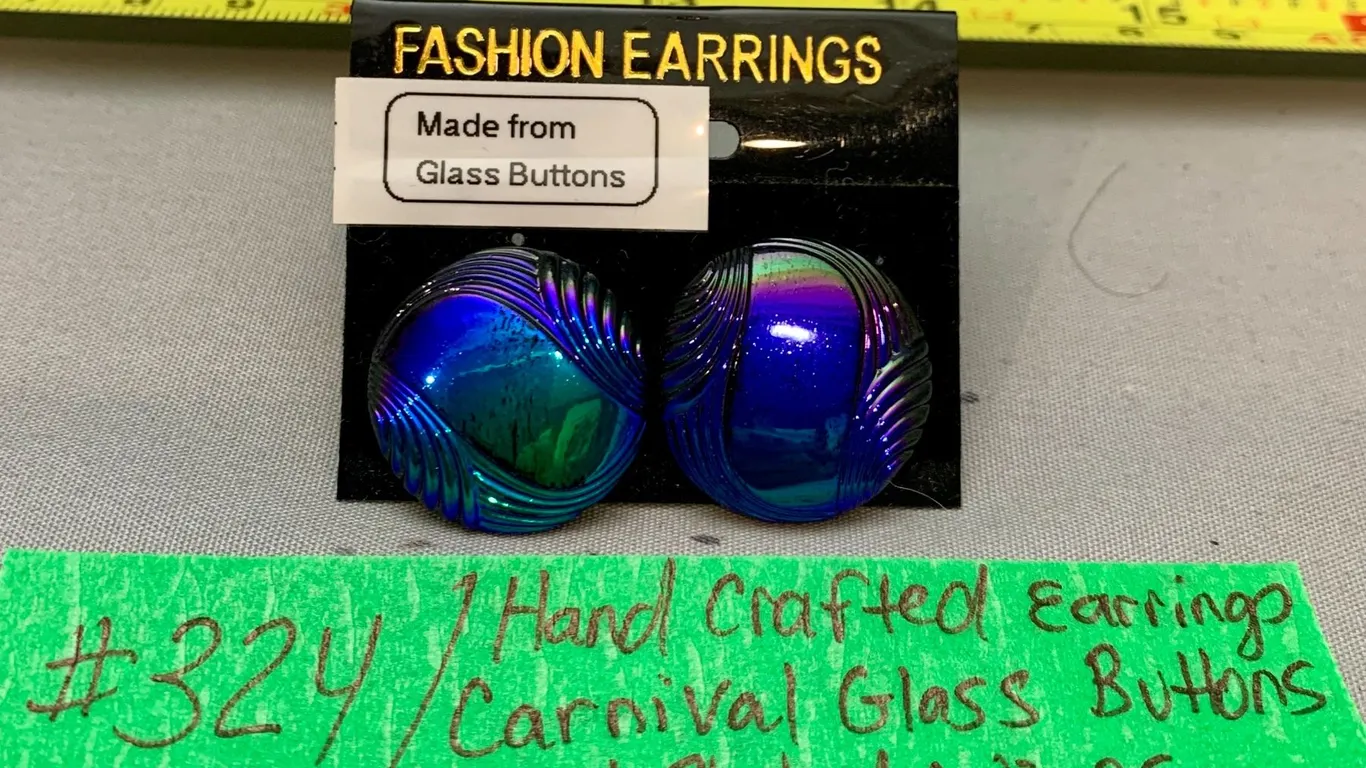 Pair of Handmade Carnival Glass Button Earrings on Card