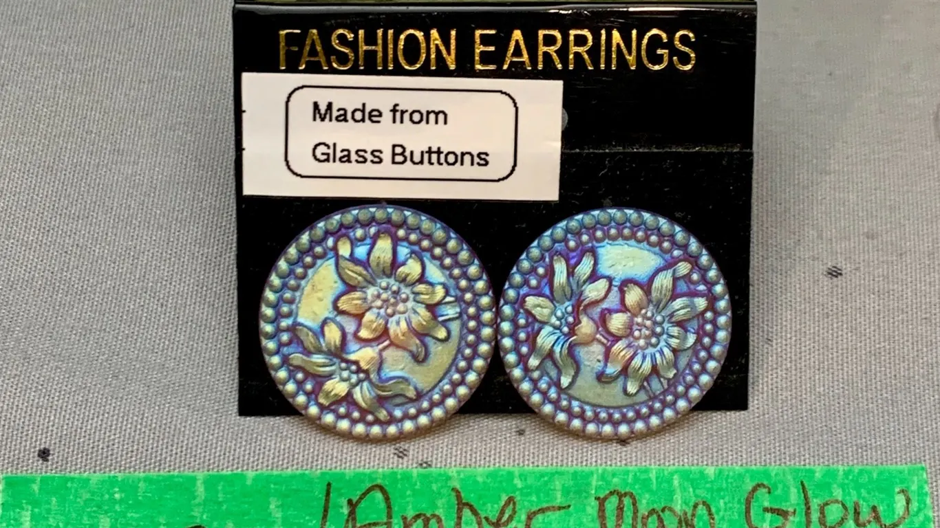 Pair of Handmade Amber Moon Glow Carnival Glass Button Earrings