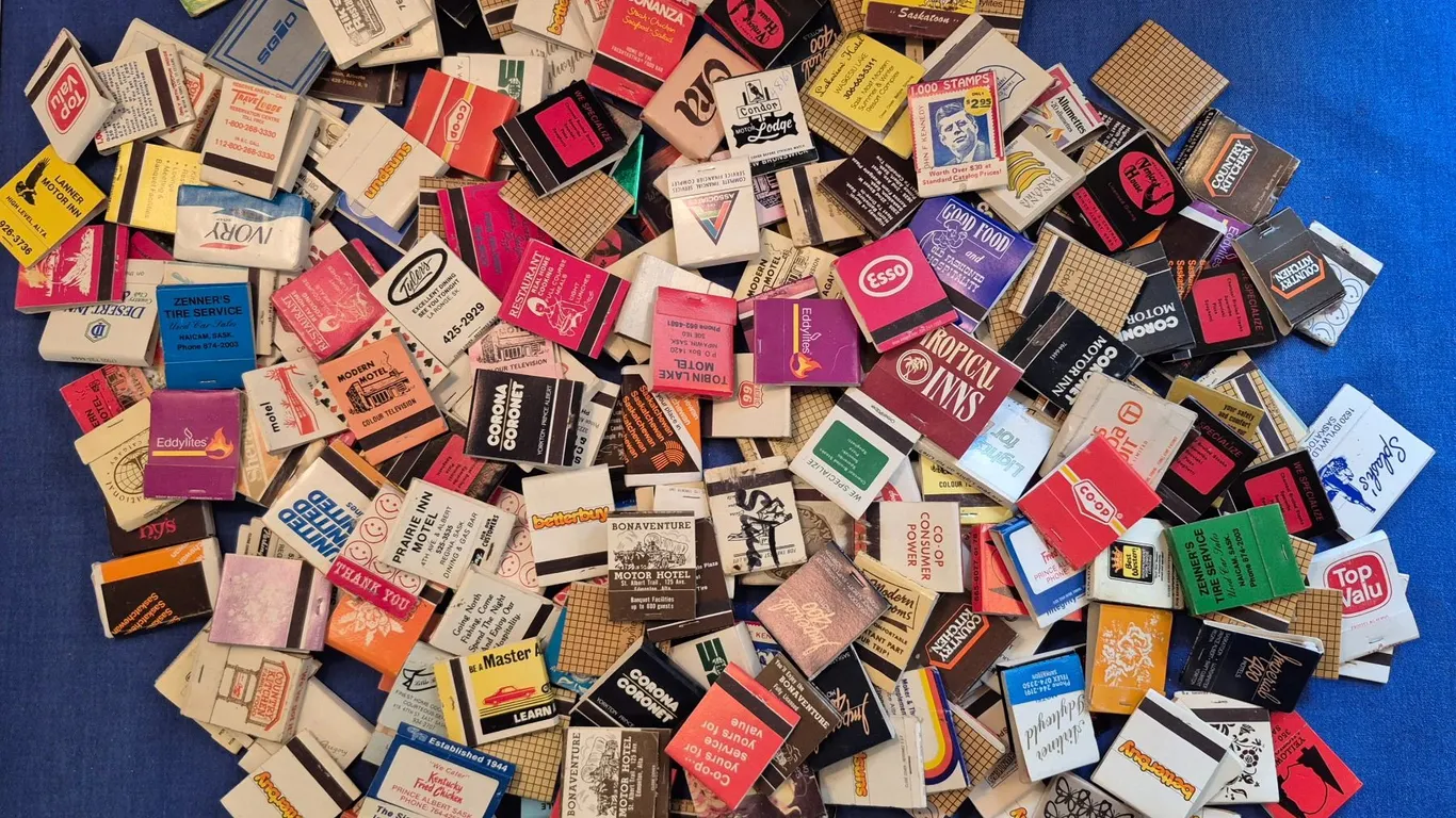 Large collection of paper advertising matchbooks, includes some soap bars, wooden matches in small c