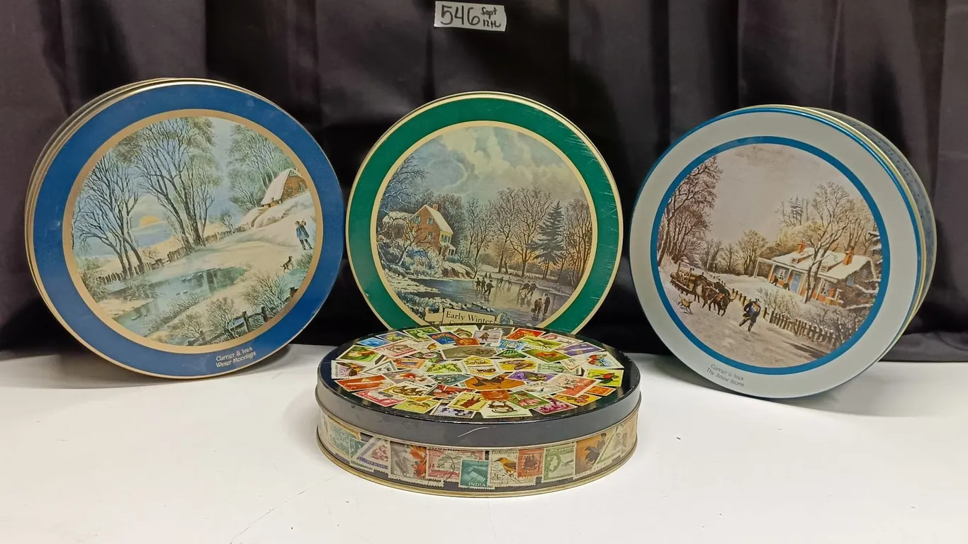 (3) Currier & Ives Tins, (1) Peek Frean Tin