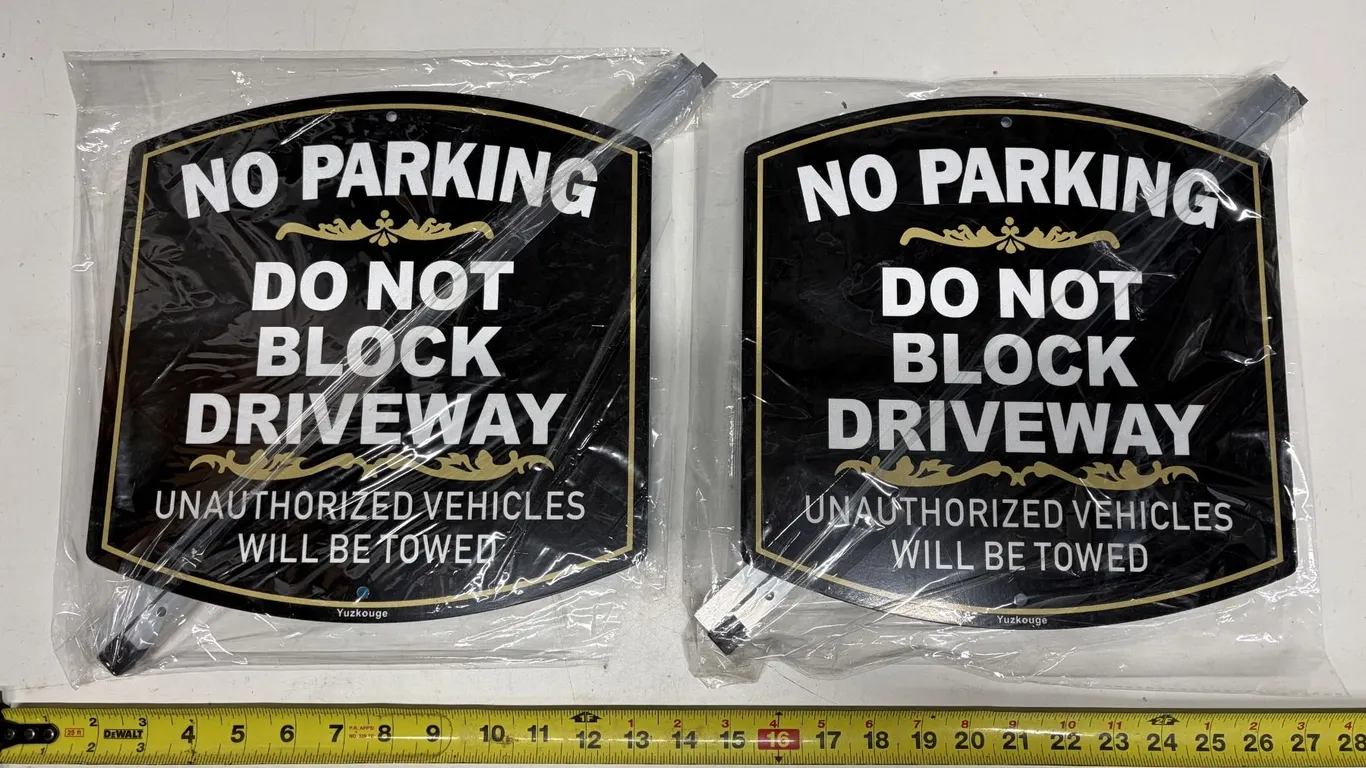 (2) No Parking, Do Not Block Driveway aluminum signs featuring detachable metal stakes. (New)