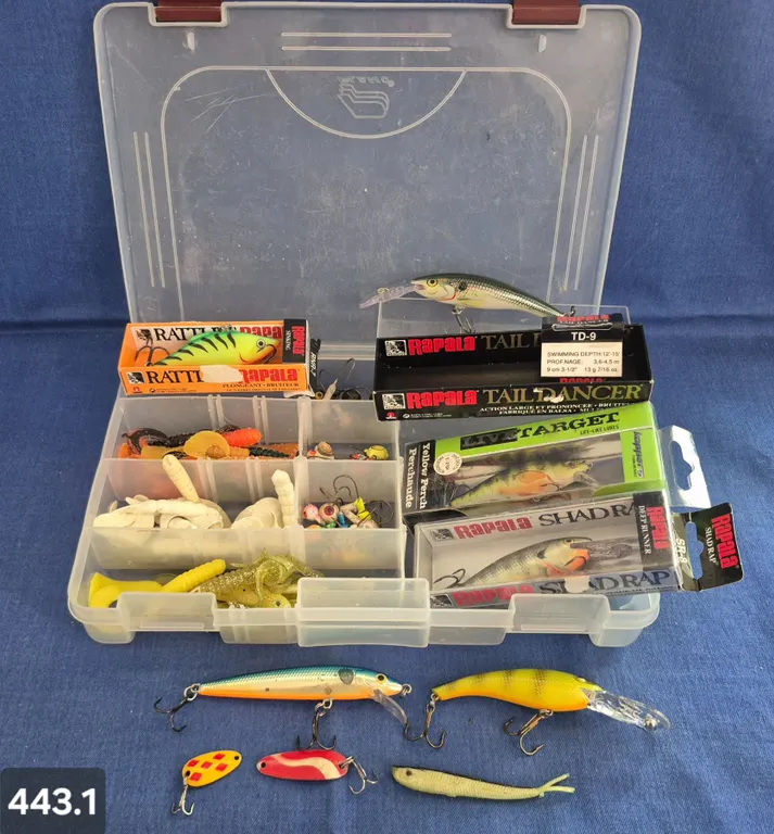 Container of fishing lures and related