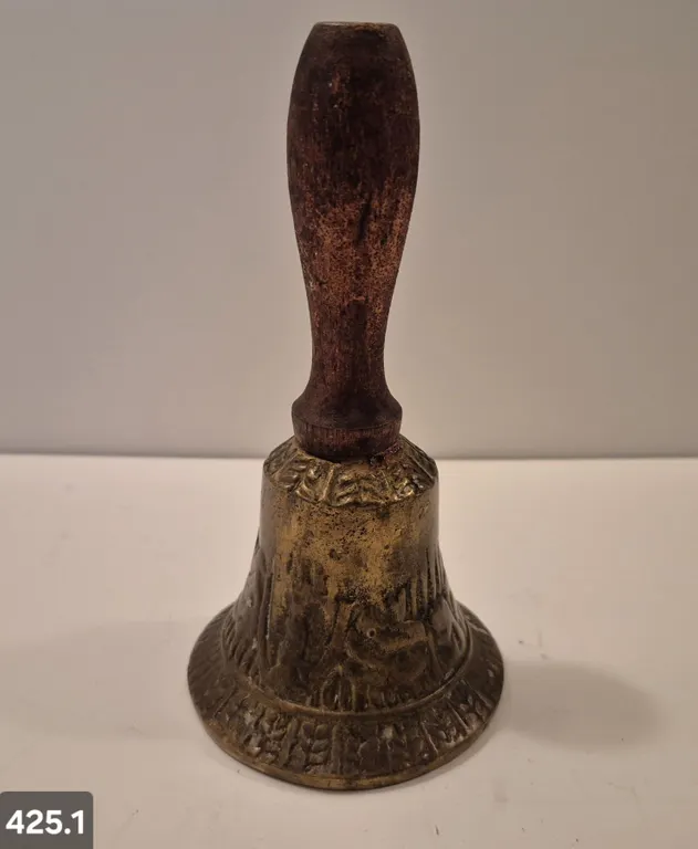 Antique decorated brass bell with original gonger, 6 1/2 inches tall