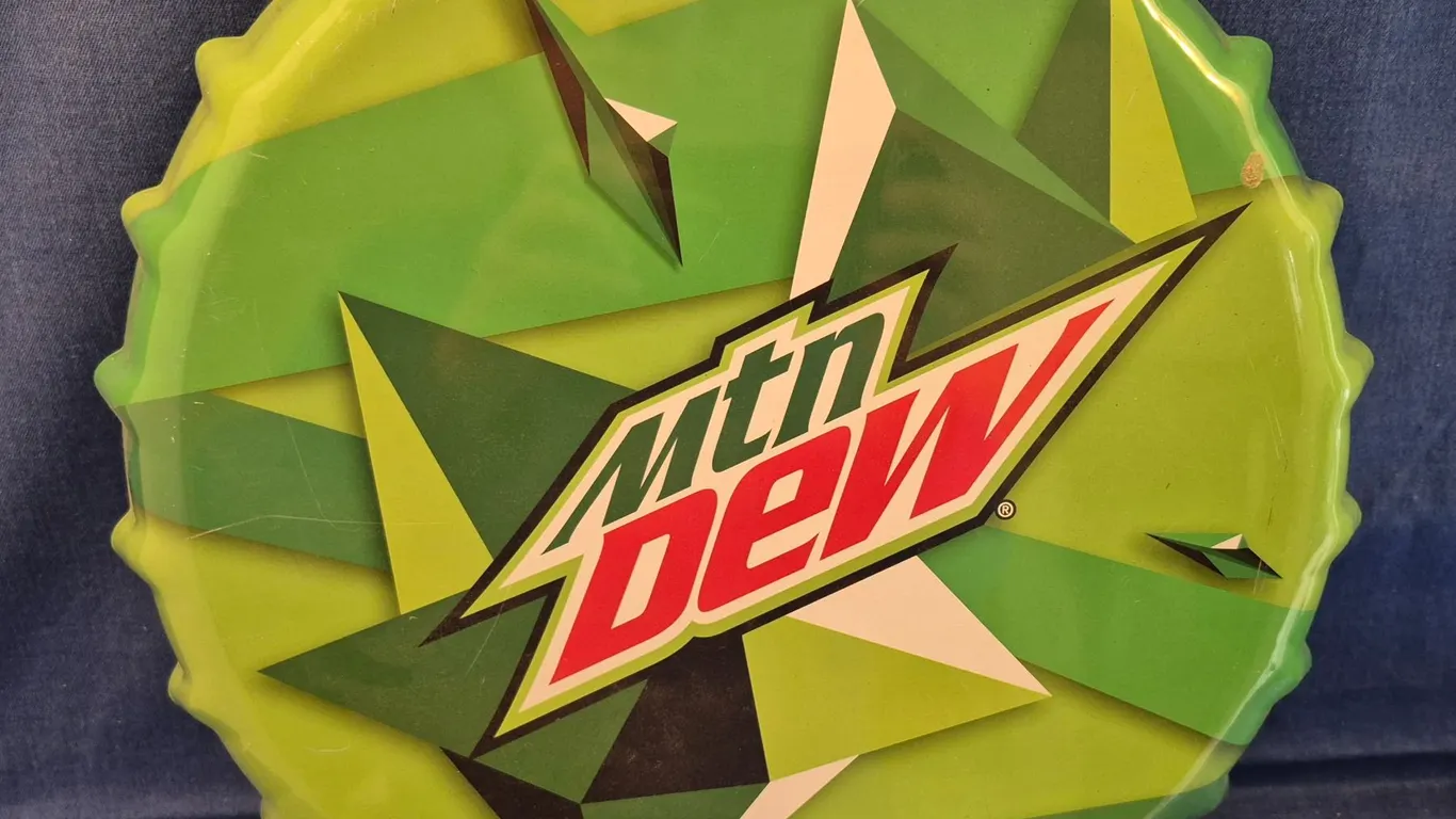 Mountain Dew 14 inch bottle sign with hanger, repro