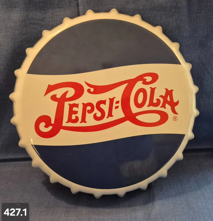 Pepsi-Cola 14 inch Double-Dot bottle cap sign with hanger, repro