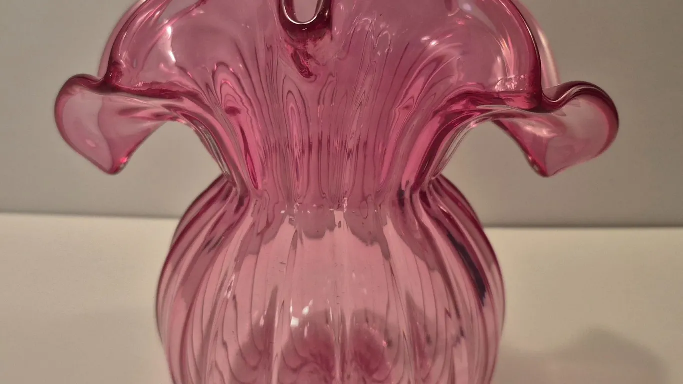 Vintage cranberry glass vase, 8 inches tall, no damage, hand blown w/pontil